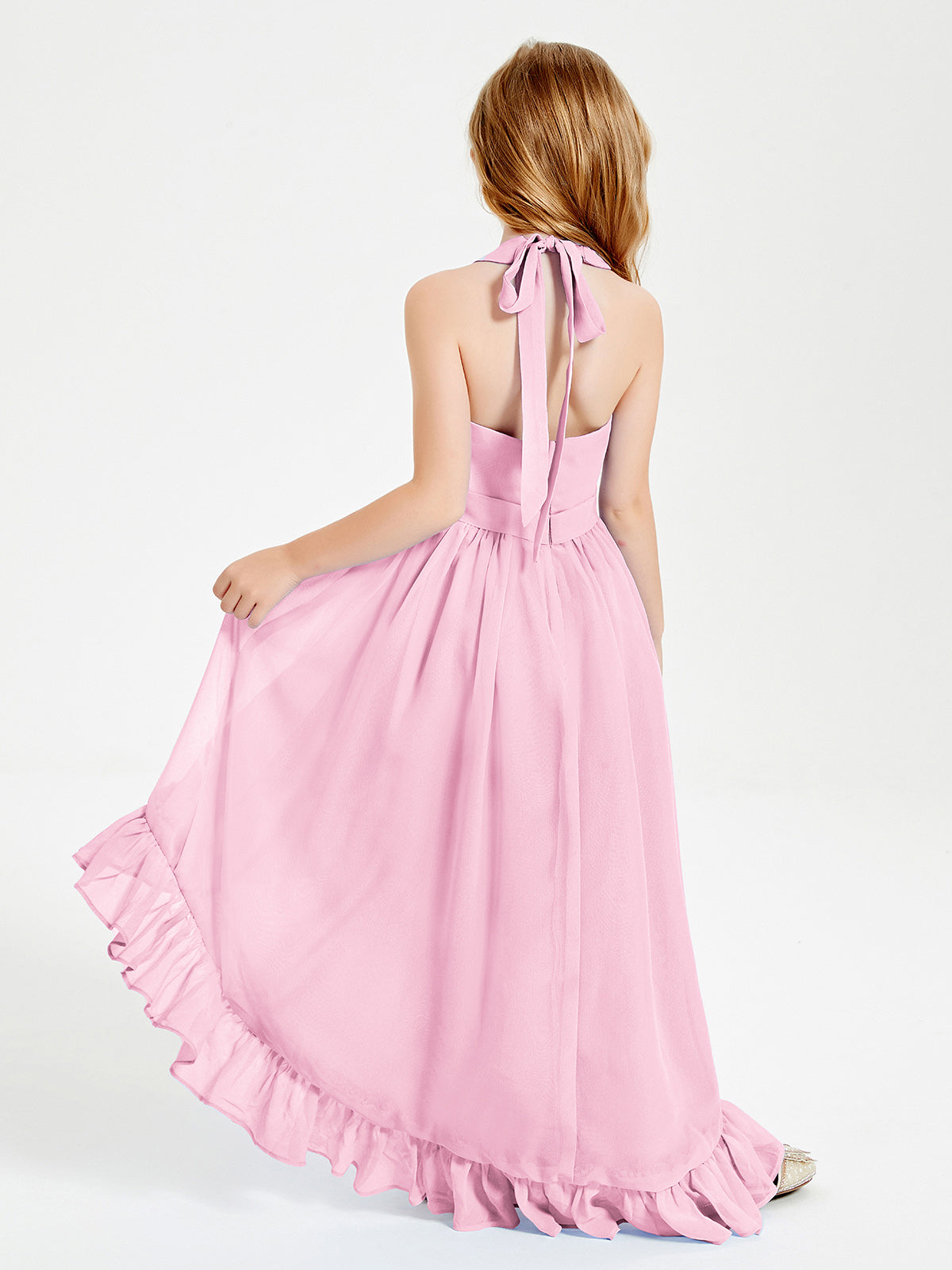 Trendy Boho Junior Bridesmaid Dresses Asymmetrical Cascading Skirt Candy Pink